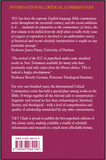 The back cover of a paperback book with a dark purple background, yellow title text reading 'INTERNATIONAL CRITICAL COMMENTARY,' several review quotes from professors, an ISBN barcode, and publisher credit at the bottom.